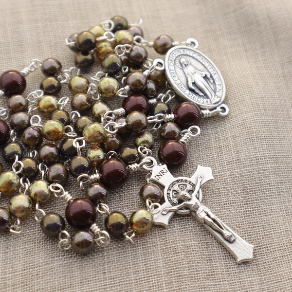 Brigittine Carmelite Catholic Rosary Beads - Brigittine Crown Chaplet - Carmelite Rosary - Brown Six or Five Decade Rosary -Miraculous Medal