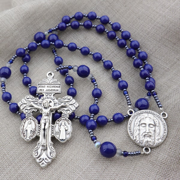 Catholic Rosary Beads - Pardon Crucifix with St Benedict & Miraculous Medal, Holy Face of Jesus Medal - Royal Blue Pearls Five Decade Rosary