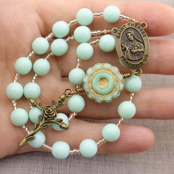 Saint Therese Chaplet - The Little Flower Rosary - Mint Green Antique Bronze Catholic Chaplet of Saint Therese of Lisieux - Catholic Gift