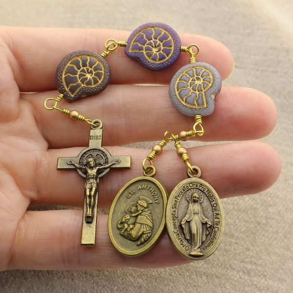 Three Hail Mary Devotion Chaplet - Saint Anthony of Padua & Miraculous Medal Antique Bronze Catholic Chaplet - Three Privileges of Mary