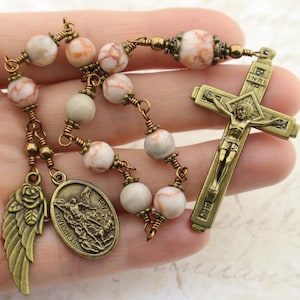 Pocket Rosary - Catholic Rosary Beads - Jasper Gemstone One Decade Antique Bronze Rosary - Saint Michael & Guardian Angel Medal