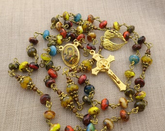 Catholic Rosary Beads - Lady of Perpetual Help Five Decade Rosary - Wire Wrapped Colorful Czech Glass Rustic Style Rosary - One of a Kind