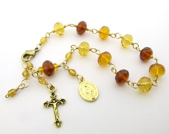 Rosary Bracelet - Brown Honey Amber Glass Unbreakable Wire Wrapped Catholic One Decade Rosary Beads with Miraculous Medal - Catholic Gift