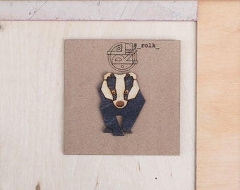 Badger pin, wooden brooch.