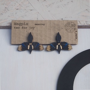 Magpie bird, two for joy, wooden statement earrings or pins/brooches