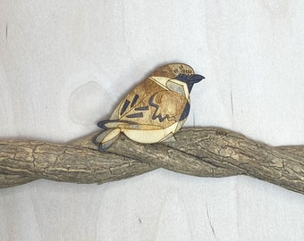 House sparrow bird brooch, pin, wooden, laser cut jewellery