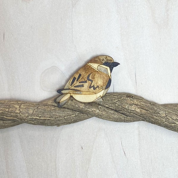 House sparrow bird brooch, pin, wooden, laser cut jewellery