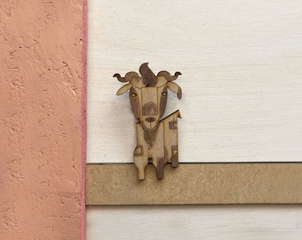 Goat brooch, pin, wooden laser cut jewellery