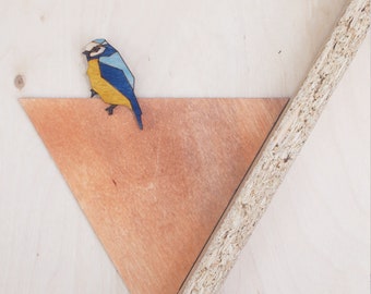 Bluetit bird brooch, pin, wooden jewellery.