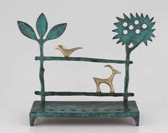 Trees Menorah by Shraga Landesman, Judaica, chanukah, hanukkah, Patinated brass cast.