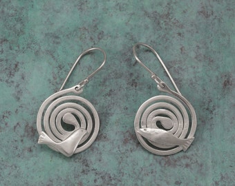 Silver fish & dove dangle earrings - Sterling Silver