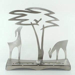 gazelle and Acacia Tree Menorah, Judaica, Shraga Landesman, Hanukkah, Aluminium, stainless steel