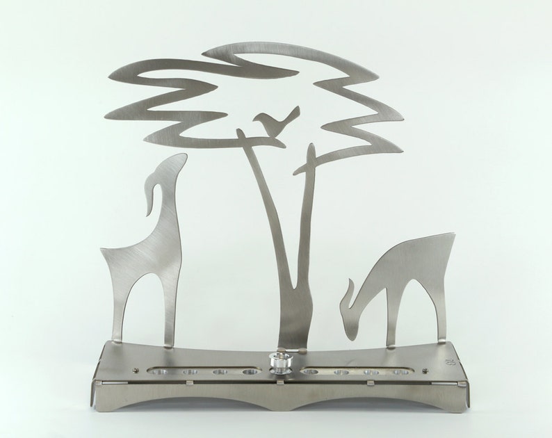 gazelle and Acacia Tree Menorah, Judaica, Shraga Landesman, Hanukkah, Aluminium, stainless steel Silver