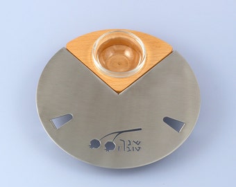 Rosh hashanah Plate 'Shana Tova' designed by Shraga Landesman, Judaica, Aluminum and beech wood