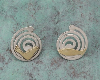 Silver & Gold fish spiral earrings - 14K Gold, Sterling Silver