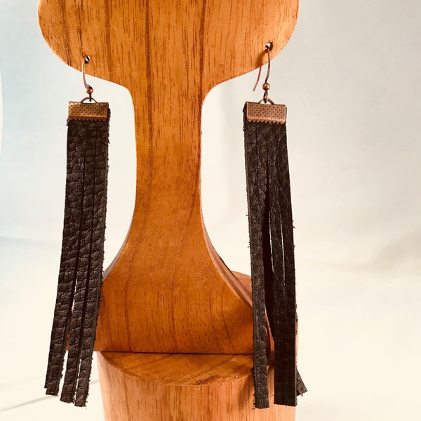 Gypsy Cowgirl Collection, Handmade Earrings, Copper and Brown Leather Fringe with French Wires