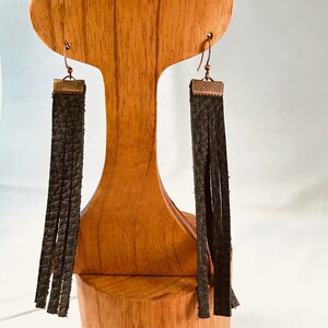 Gypsy Cowgirl Collection, Handmade Earrings, Black Fringe Leather, Copper Accent on Copper French Wire image 1