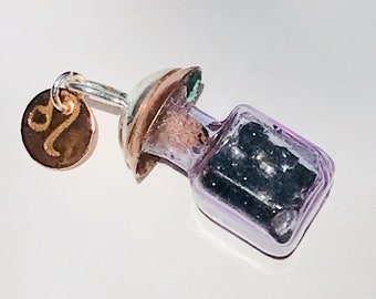 Leo, Onyx, July 23 - Aug 23, Zodiac Birthstone Pendant, Glass, Sterling Silver, Copper on Brown, Beige or Black Leather Necklace