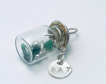 May Birthstone Pendant - Birthstones in a Bottle - Vial Necklace - Emerald, Glass and Sterling Silver Handmade