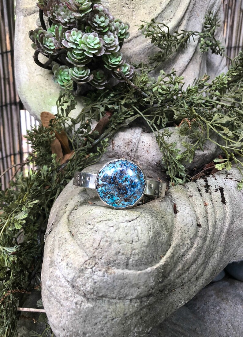 Round Chrysocolla Stone on Stamped Textured Sterling Silver Cuff Bracelet, Earth's Treasures Collection image 3