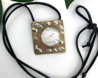 Handmade Square Brass Pendant, with Mother of Pearl Stone on Black Leather, Harmony Sea Life Series,