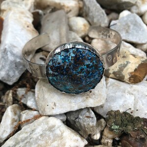 Round Chrysocolla Stone on Stamped Textured Sterling Silver Cuff Bracelet, Earth's Treasures Collection image 4