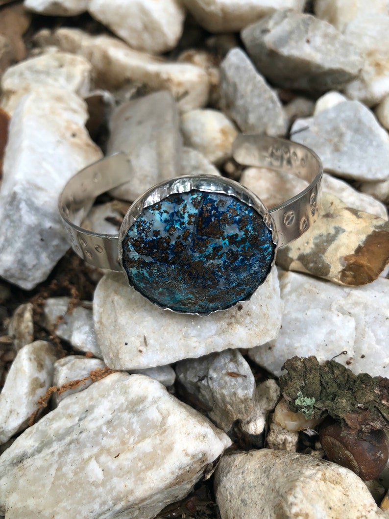 Round Chrysocolla Stone on Stamped Textured Sterling Silver Cuff Bracelet, Earth's Treasures Collection image 4