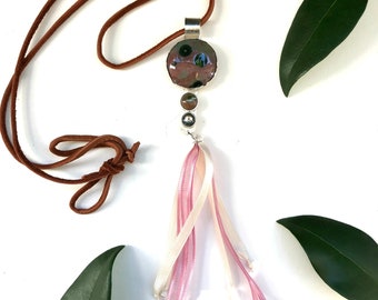 Pink Fringed Tassel Pendant, Sterling Silver, Ocean Jasper, Abalone ,Harmony Botanical Series,