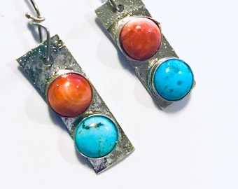 Coral Spiney Oyster and Turquoise Cabochon Textured Sterling Silver Dangles