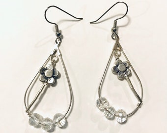 Teardrop Floral Crystal Silver Dangle Earrings