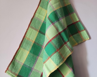 Handwoven Cotton Tea Towel: Green Plaid Kitchen Decor