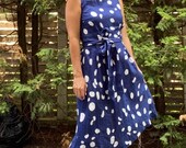 Vintage MARIMEKKO Linen Summer Dress, Size 38 Blue White Dots, Finland Scandinavian Design