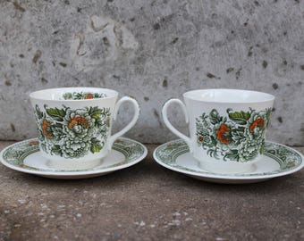 Conjunto de 2 xícaras e pires vintage Ridgway Ironstone Staffordshire Inglaterra Ganterbury Green