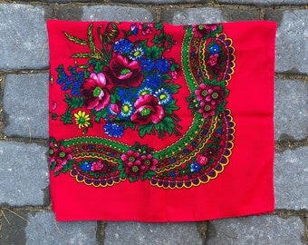 Red Wool Scarf Women Vintage Floral Women Traditional Folk Shawl Winter 80s Retro Accessories Collectible