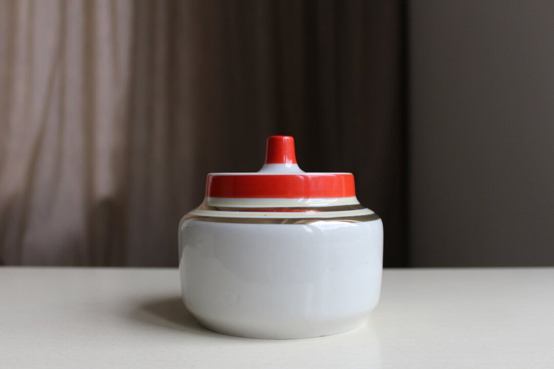 Ukraine Sugar Bowl, Vintage Sugar Pot With Red Gold Stripes Baranivka