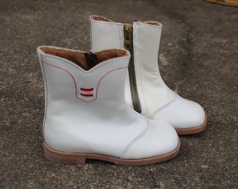 Vintage Kids Leather Winter Boots, White Real Leather Children Shoes, Kids Footwear from 1970s