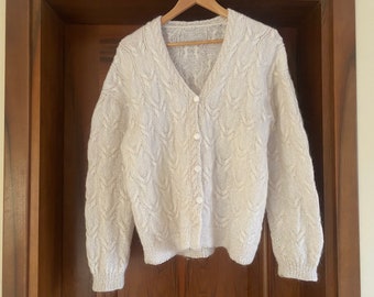 Vintage Unisex White Mohair Wool Cardigan Retro Hand Knit Extra Warm Winter Wear Size M/L