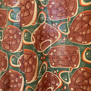 PAIR 60s Vintage Cotton Curtains Scandinavian Retro Mod Curtain Panels Unique Mid Century Modern Green Brown Abstract Home Decor Linen