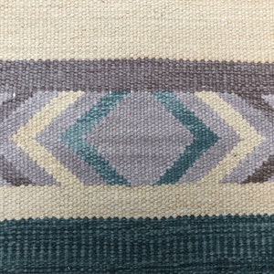 May include: A close-up of a woven rug with a geometric pattern in shades of beige, brown, gray, and teal.