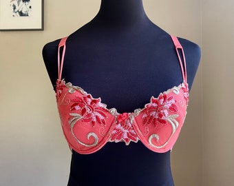 90s Vintage Bra Red Brassiere Size 34 75 Lace Brassiere Lingerie