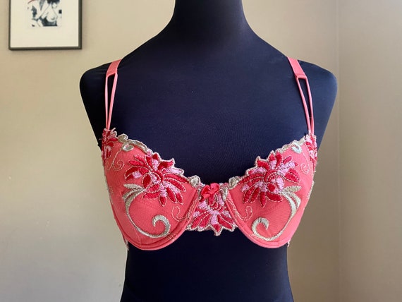 00s Vintage Bra Coral Pink Brassiere Size 34C 75C Lace Floral