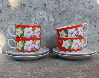 Ukraine Set of 4 Tea Cups with Saucer, Hand Painted Mismatched Set, Made in Ukraine, Baranivka Porcelain Factory