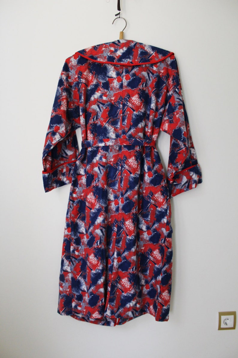 Unused Russian Retro Red Blue Cotton Flannel Long Sleeve Robe Made in USSR 1990s NOS Soviet Vintage Flannel Dressing Gown