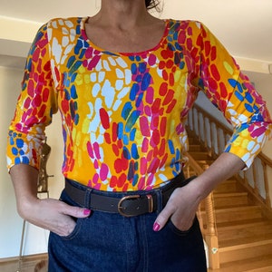 MARIMEKKO Top, Size M Women Cotton Stretchy Colourful Print Three Quarter Sleeve Scandinavian Design Finland Aino Maija Metsola KAARNA