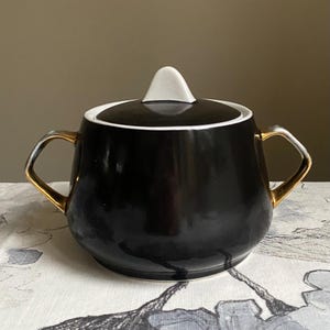 Vintage Sugar Bowl with Lid Riga Porcelain Factory Sugar Bowl Art Deco Black Golden Sugar Pot with Handles RPR Latvia Sugar Jar
