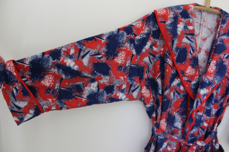 Unused Russian Retro Red Blue Cotton Flannel Long Sleeve Robe Made in USSR 1990s NOS Soviet Vintage Flannel Dressing Gown