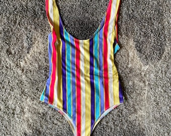 90s Vintage Swimsuit Colorful Stripes One Piece Swimwear High Cut, Size M, Collectible, Retro Swimwear, Vacation Clothes