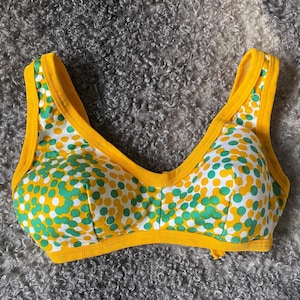 Vintage Cotton Bikini Top  S/M Vintage Retro Bikini Top 80s Stretchy Cotton Yellow Green Summer Bra Swim Top, Collectible