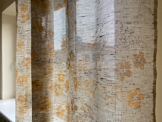 Vintage Linen Curtain Fabric 3m Long Beige Yellow Floral Linen Curtain Sewing Swedish Scandinavian Vintage Home Decor Light Fabric