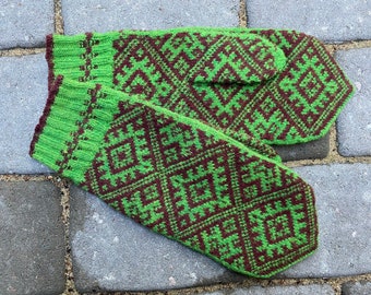 Vintage Men Wool Mittens, Vintage Hand Knitted Warm Mittens, Green Brown Unused Traditional Hand Made Winter Mittens
